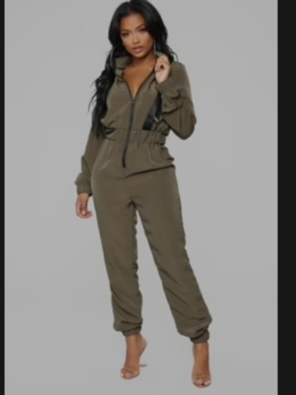 Fashion Nova Olive Green Zip-Front Jumpsuit